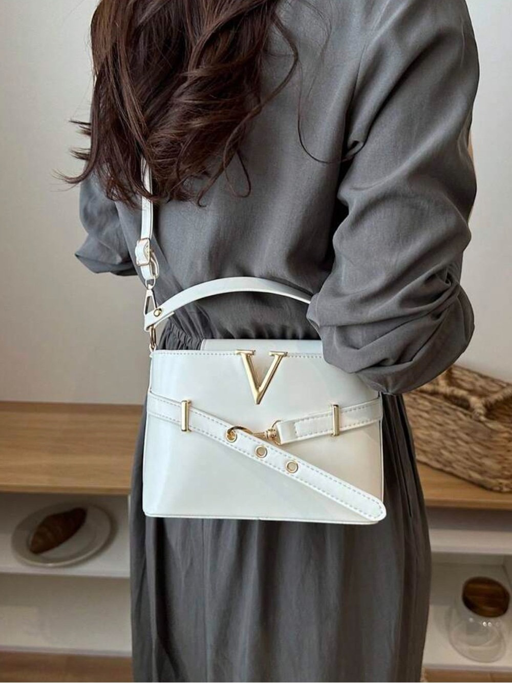 White Structured Crossbody Bag with Gold V Accent